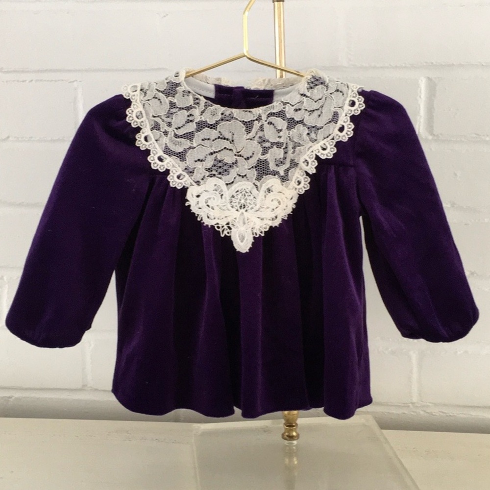 Girls Size 3T Classic Vintage Jewel Tone Purple Velvet & Lace Fancy Dressy Top